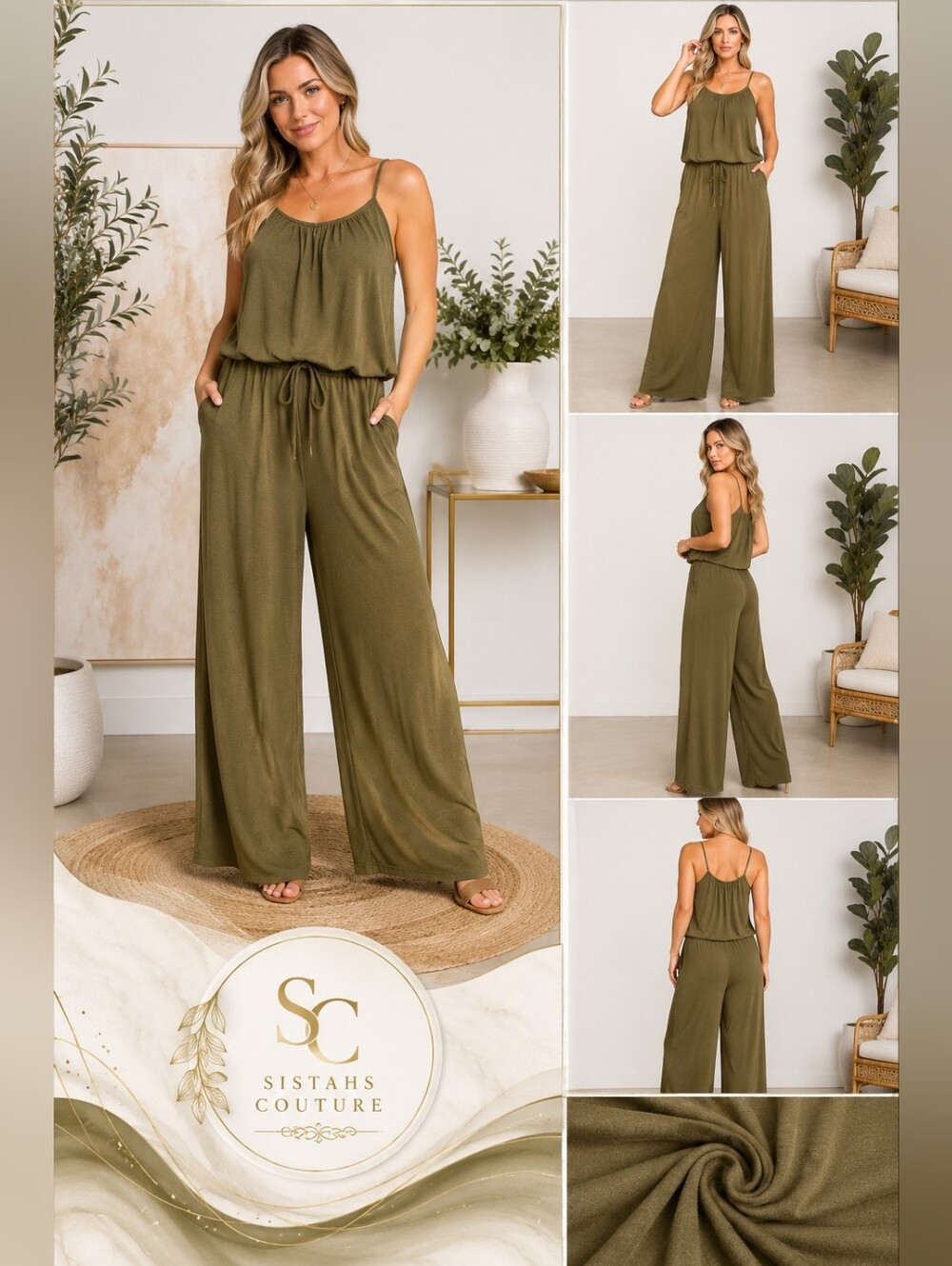 Zenana Olive Green Wide Leg Jumpsuit | Adjustable Straps • Pockets • Soft